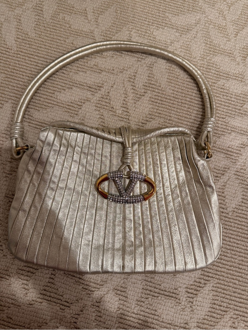 Authentic Valentino Metallic gold Pleated Shoulder Bag with Rhinestone Accent